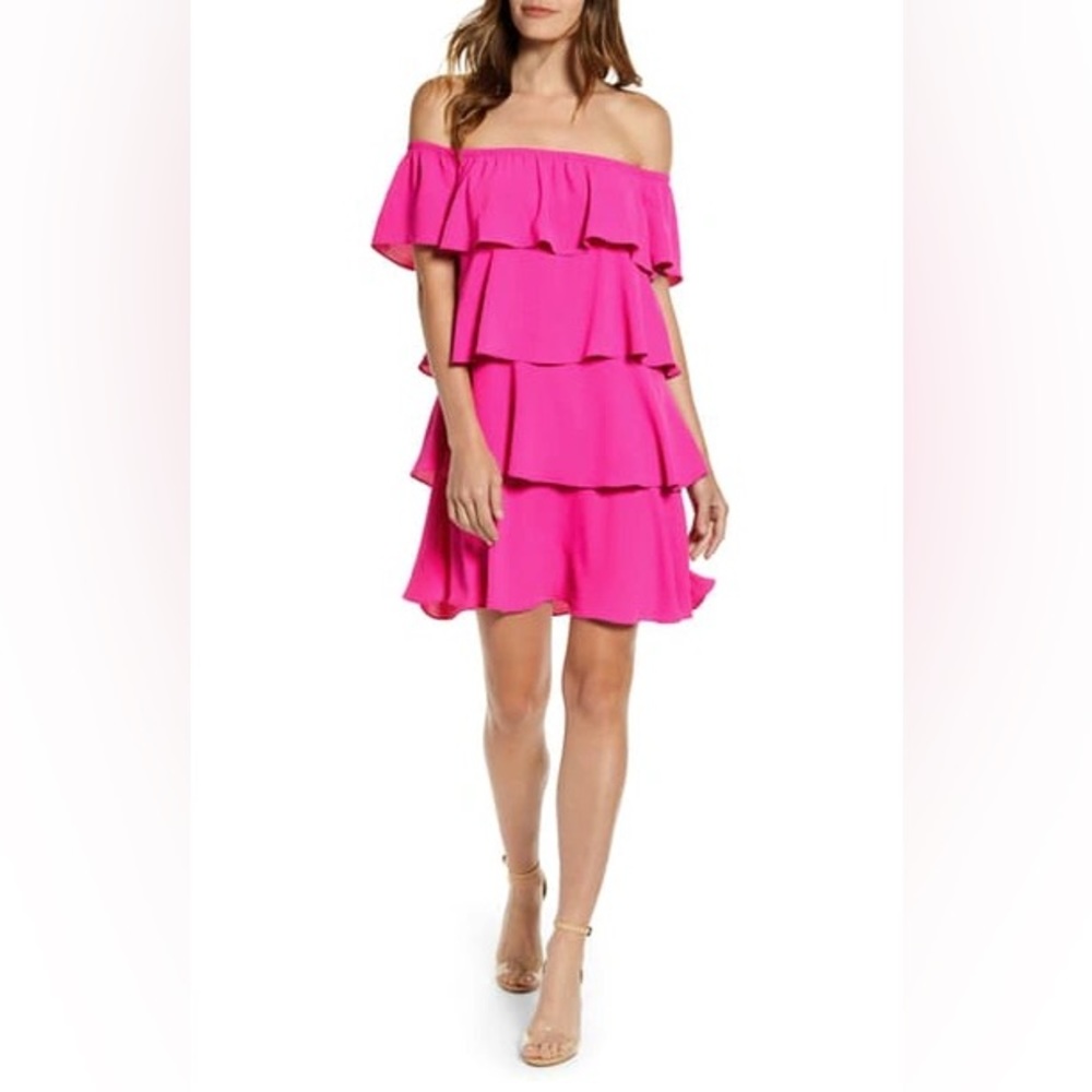 Hot Pink Off the Shoulder Ruffle Dress
